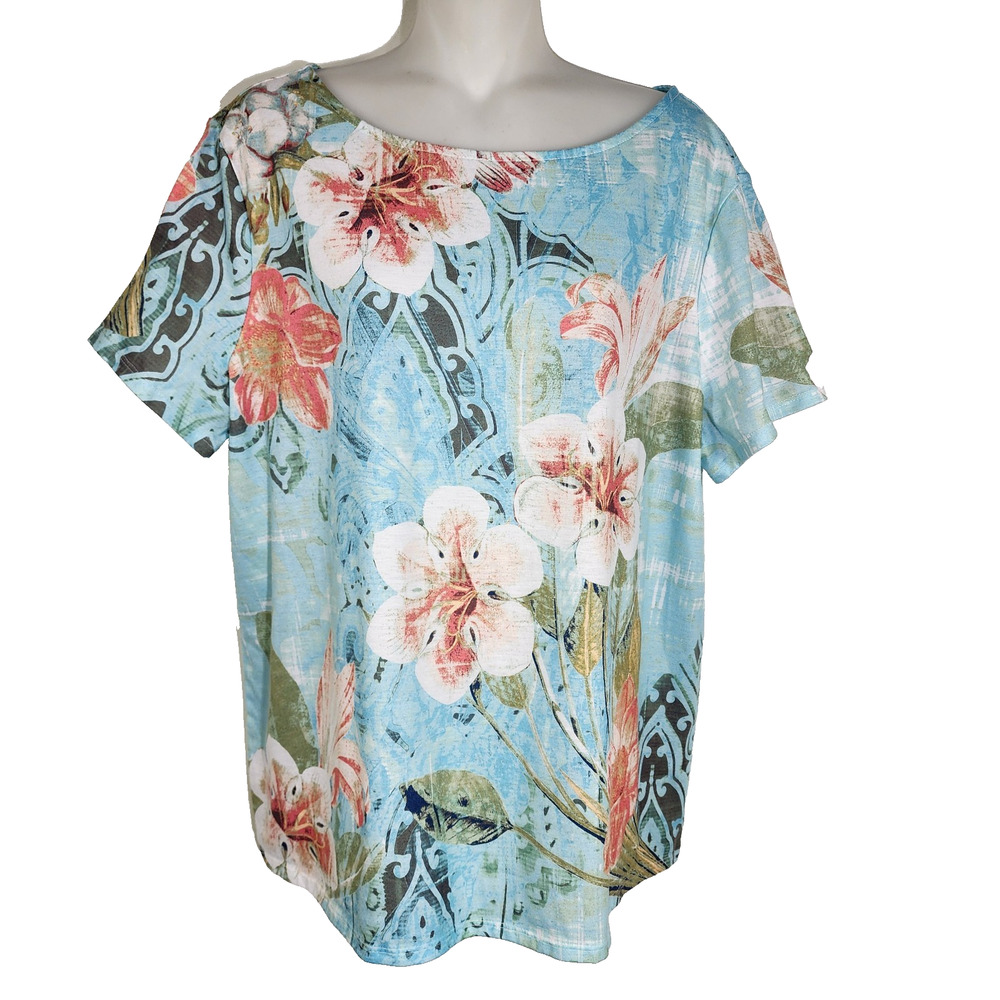 Chicos Womens Shirt 3 US XL Paradise Scroll Blue Tropical Boat Neck Short Sleeve
